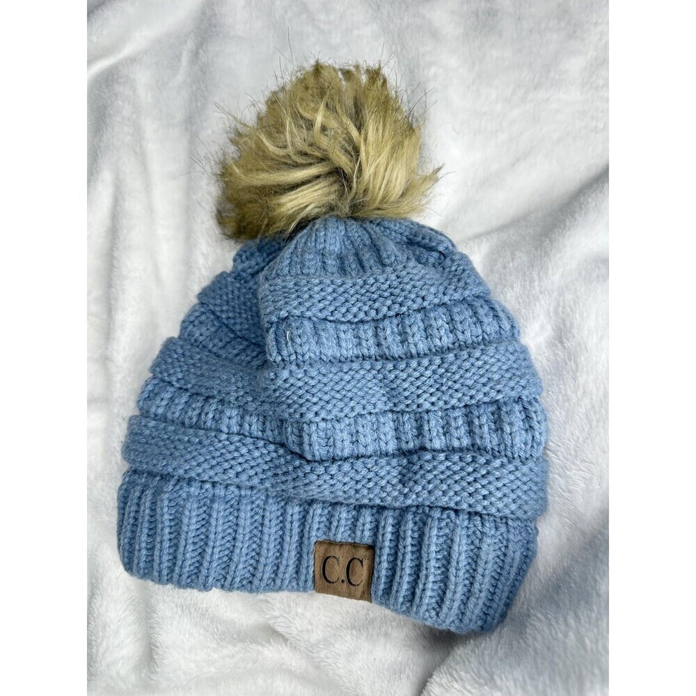 C.C Hat Cap Beanie OS Blue Knit Faux Fur Pom Pom Winter Womens One Size Acrylic
